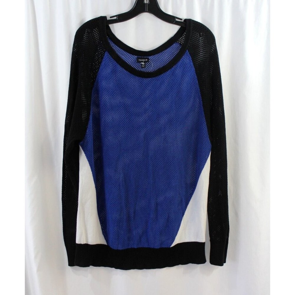 Torrid‎ Womens Blue Black White Mesh Knit Long Sleeve Cotton Blend Top 3/3X